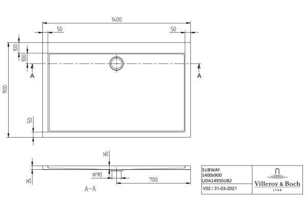 Villeroy&Boch Subway rechteckige Duschwanne für Eckmontage, 140x90cm, weiß UDA1493SUB2V-01