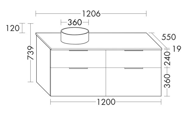 Burgbad Eqio runder Keramik-Aufsatzwaschtisch Ø36cm mit Waschtischunterschrank 120cm, 4 Auszüge SGUW120LF2009C0001G0146