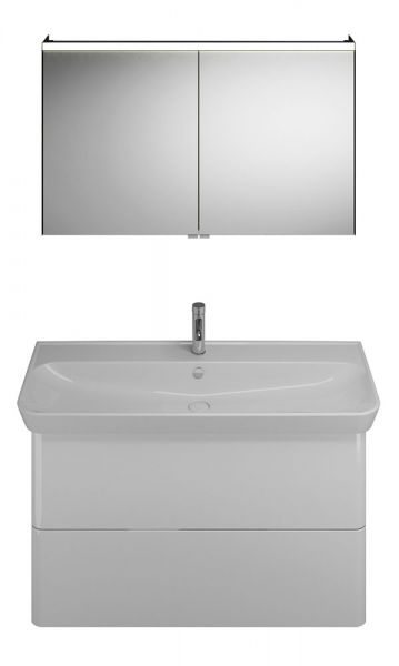 Burgbad Iveo Badmöbel-Set 120cm, Spiegelschrank, Keramik-Waschtisch und WT-Unterschrank weiß hochglanz 