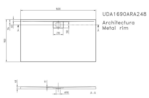 Villeroy&Boch Architectura MetalRim Duschwanne inkl. Antirutsch (VILBOGRIP),160x90cm, weiß, techn. Zeichnung