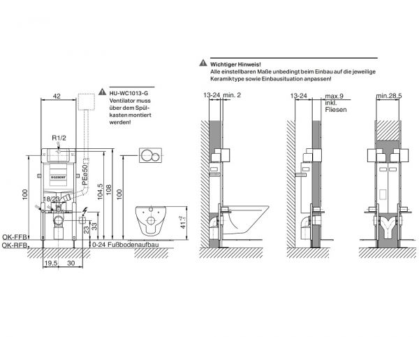 Huter Montage-Element für ein Wand-WC, Einbau im Massivbau, für Geruchsabsaugung