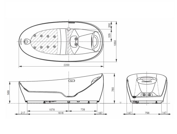 TOTO Floating Badewanne freistehend 220x105cm, weiß