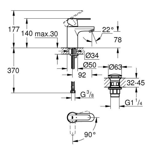 Grohe Get Einhand-Waschtischbatterie S-Size Mittelstellung kalt, mit Push-Open