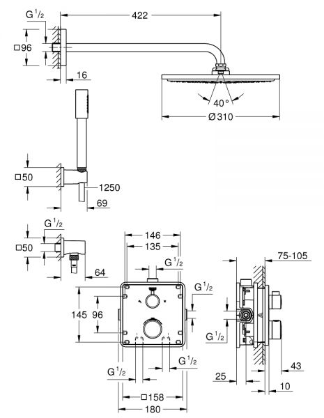 Grohe Grohtherm Duschsystem Unterputz mit Rainshower Cosmopolitan 310, Rosette eckig, chrom