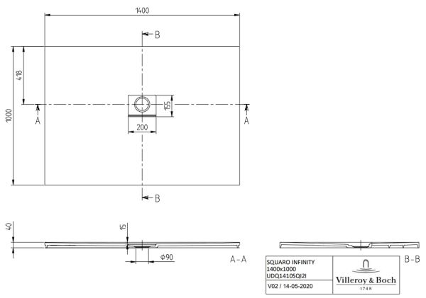 Villeroy&Boch Squaro Infinity Quaryl®-Duschwanne, flächenbündiger Einbau, 140x100cm, weiß, techn. Zeichnung