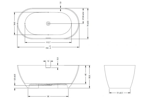 RIHO Solid Surface Bilbao freistehende Badewanne 150x75x55,5cm, weiß seidenmatt