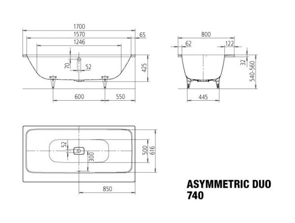 Kaldewei Asymmetric Duo Rechteck-Badewanne 170x80cm Mod.740