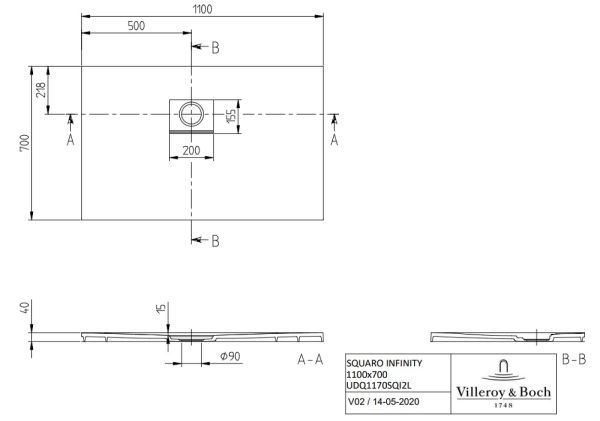 Villeroy&Boch Squaro Infinity Quaryl®-Duschwanne, Eckeinbau links gegen Wand, 110x70cm UDQ1170SQI2LV-1S