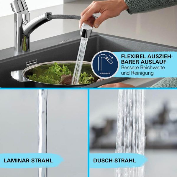 Grohe Start Küchen-Wasserhahn Niederdruck mit Dual Spülbrause, chrom