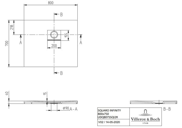 Villeroy&Boch Squaro Infinity Quaryl®-Duschwanne, Eckeinbau rechts gegen Wand, 80x70cm, technische Zeichnung