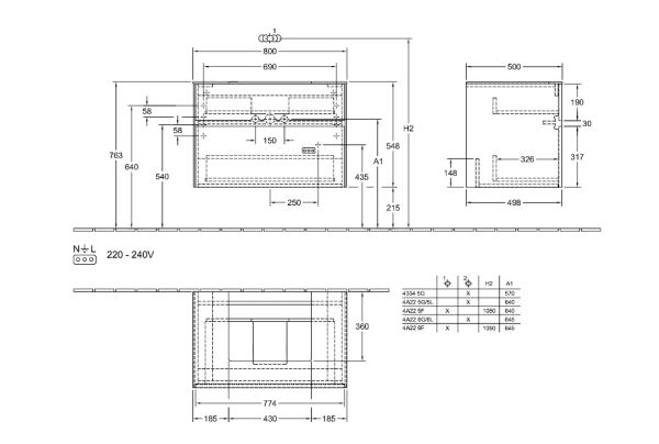 Villeroy&Boch Collaro Waschtischunterschrank passend zu Aufsatzwaschtisch 43345G, 2 Auszüge, 80cm