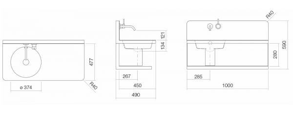 Alape S19-Serie Waschplatz-Set 100x49cm, Mulde links, weiß/ schwarz matt ProShield WP.S19L.1