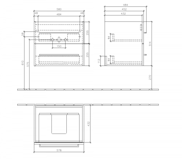Villeroy&Boch Avento Waschtischunterschrank mit 2 Auszügen, Breite 58cm, Technische Beschreibung