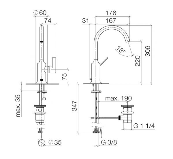 Dornbracht VAIA Waschtisch-Einhandbatterie mit Ablaufgarnitur, Ausladung 167mm