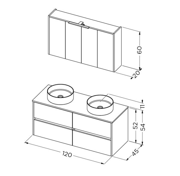 RIHO Porto Bowl Set 120cm 2 Aufsatzbecken, Unterschrank, LED-Spiegelschrank, 4 Auszüge
