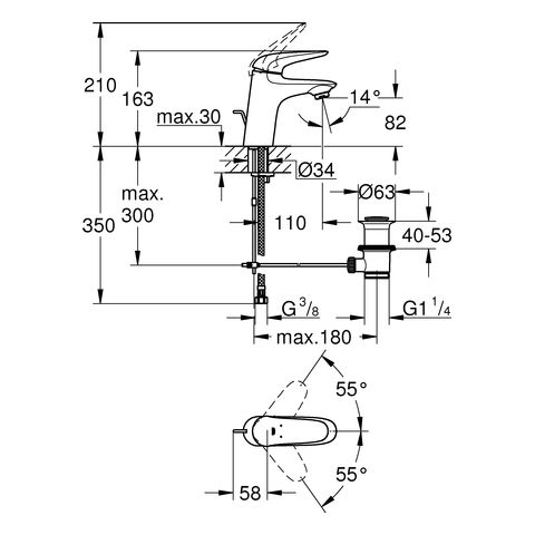 Grohe Eurostyle Einhand-Waschtischbatterie, geschlossener Hebelgriff, Ablaufgarnitur, S-Size, chrom