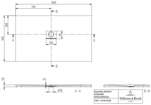 Villeroy&Boch Squaro Infinity Quaryl®-Duschwanne, Eckeinbau links gegen Wand, 150x90cm UDQ1590SQI2LV-1S