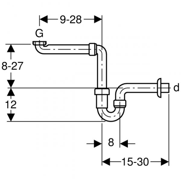 Geberit Rohrbogengeruchsverschluss für Waschbecken, Raumsparmodell, Abgang horizontal