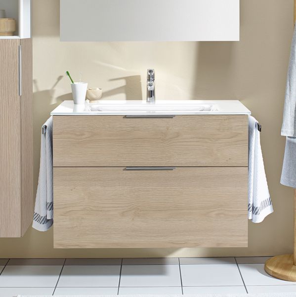 Burgbad Eqio Glas-Waschtisch mit Waschtischunterschrank, eiche dekor cashmere, Griff chrom SEYX092