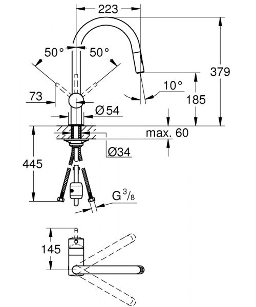 Grohe Minta Küchenarmatur, C-Auslauf ausziehbar, 2 Strahlarten