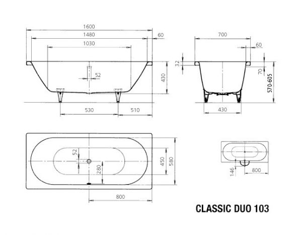 Kaldewei Classic Duo Rechteck Badewanne 160x70x42cm Mod. 103