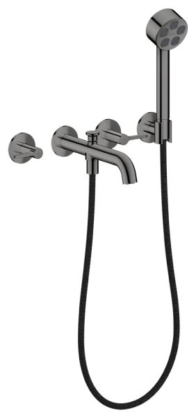 AXOR One 3-Loch Wannenarmatur Unterputz für Wandmontage mit Hebelgriffen & Duschkopf, polished black chrome 48444330