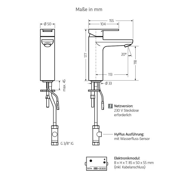 WimTec PROOF E4 HyPlus HDK 230V Netzbetrieb Kaltwasser-Waschtischarmatur, chrom
