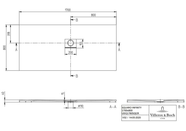 Villeroy&Boch Squaro Infinity Quaryl®-Duschwanne, Eckeinbau rechts gegen Wand, 170x80cm, grey, UDQ1780SQI2RV-3S techn. Zeichnung