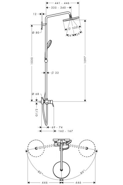 Hansgrohe Croma 220 Air 1jet Showerpipe, mit Einhebelmischer, chrom