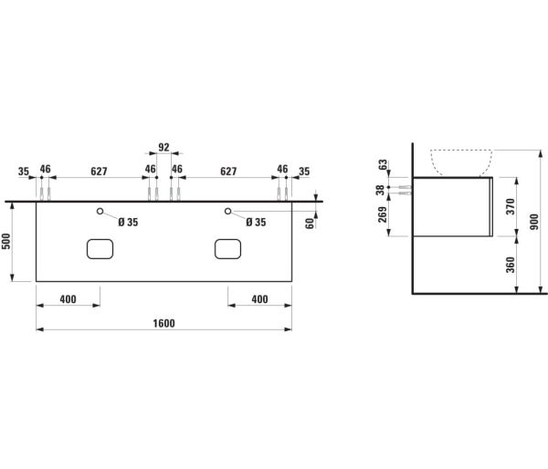 Laufen IL BAGNO ALESSI One Schubladenelement 1600, 2 Ausschnitte, 2 Hahnlöcher, zu WT H818975/6/7/8