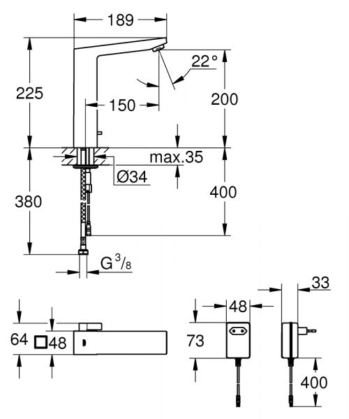 Grohe Eurocube E Infrarot-Elektronik für Waschtisch mit Mischung, Netzbetrieb, chrom