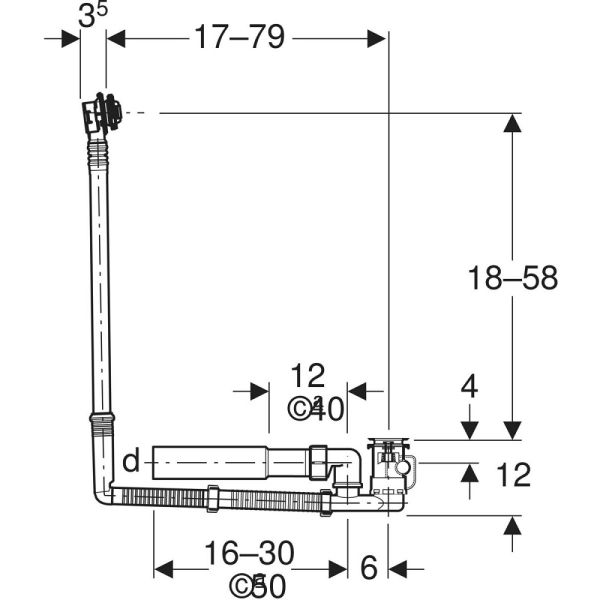 Geberit Badewannenablauf mit Drehbetätigung, d52, Länge 79 cm, mit Anschlussbogen, Gegenstromprinzip