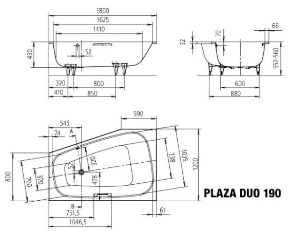 Kaldewei PLAZA DUO rechts Eck-Badewanne 180x120/80x43cm, Modell 190