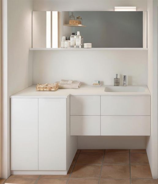 Burgbad Sys30 Badmöbel-Set 161cm mit Waschmaschinenschrank & Spiegel, Grifflos, veloursgrau matt SFHP161