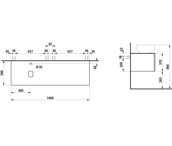 Laufen IL BAGNO ALESSI One Schubladenelement 1600, Ausschnitt links inkl. HL, zu WT H818974