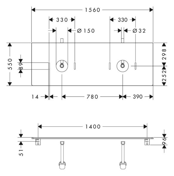 Hansgrohe Xelu Q Konsole 156cm mit 2 Ausschnitten, für Aufsatzwaschtische ohne Hahnloch