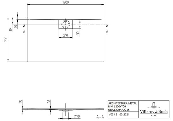 Villeroy&Boch Architectura MetalRim Duschwanne, 120x70cm UDA1270ARA215V-01