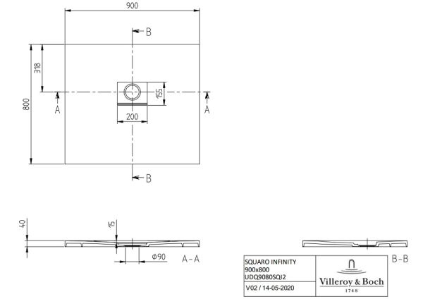 Villeroy&Boch Squaro Infinity Quaryl®-Duschwanne universal einbaubar (selb. zuschneidbar),90x80cm UDQ9080SQI2V-1S