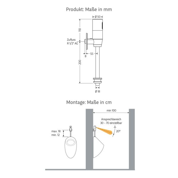 WimTec ECOSAN U6 HyPlus berührungslose Aufputz-Einzelurinalsteuerung 9V Batteriebetrieb, chrom