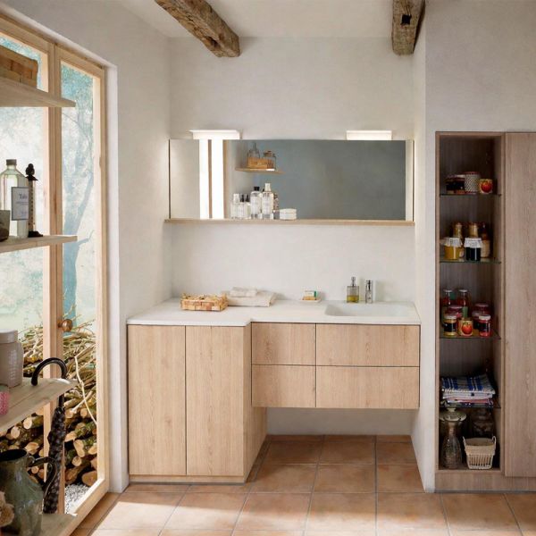 Burgbad Sys30 Badmöbel-Set 131cm mit Waschmaschinenschrank und Spiegelschrank eiche dekor baumwolle, grifflos 