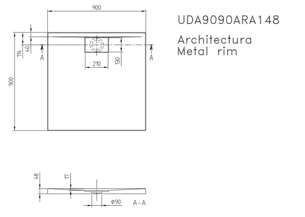 Villeroy&Boch Architectura MetalRim Duschwanne inkl. Antirutsch (VILBOGRIP),90x90cm, weiß UDA9090ARA148GV-01