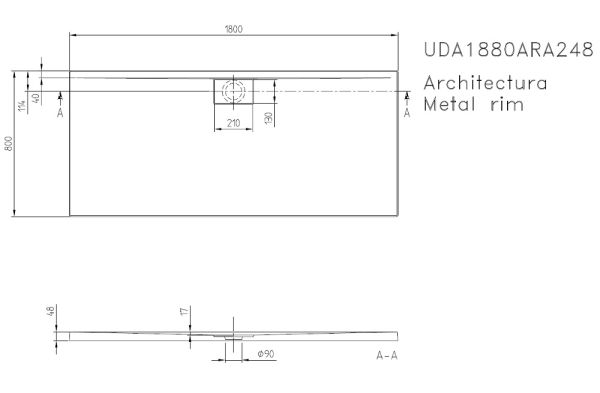 Villeroy&Boch Architectura MetalRim Duschwanne inkl. Antirutsch (VILBOGRIP),180x80cm, weiß, techn. Zeichnung