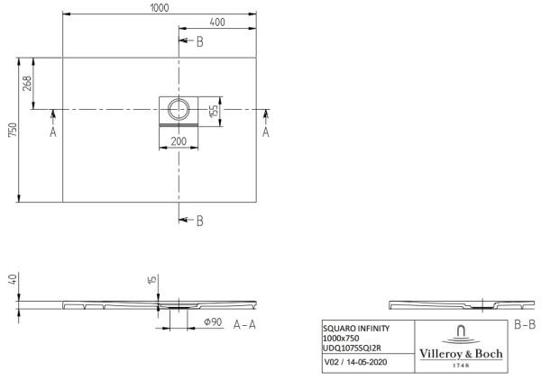 Villeroy&Boch Squaro Infinity Quaryl®-Duschwanne, Eckeinbau rechts gegen Wand, 100x75cm, technische Zeichnung
