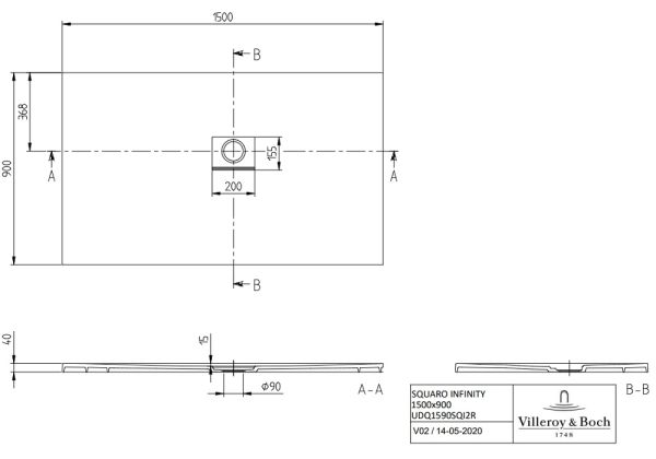 Villeroy&Boch Squaro Infinity Quaryl®-Duschwanne, Eckeinbau rechts gegen Wand, 150x90cm, techn. Zeichnung