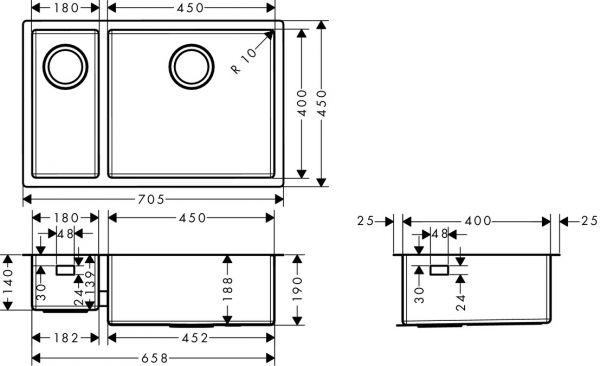 Hansgrohe S71 S719-U655 Unterbauspüle 180/450 mit Zusatzbecken, edelstahl