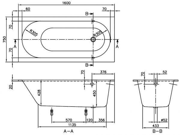Villeroy&Boch Oberon Rechteck-Badewanne 160x75cm