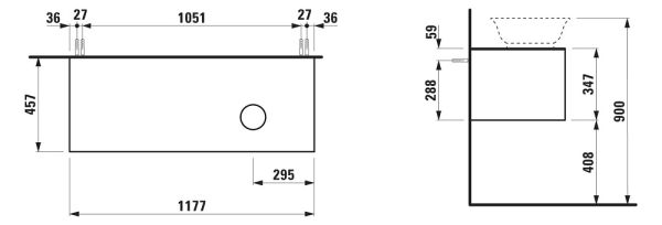Laufen The New Classic Schubladenelement 118cm, 1 Schublade, Ausschnitt rechts, zu WT 81285.0.1.2.3 techn. Zeichnung