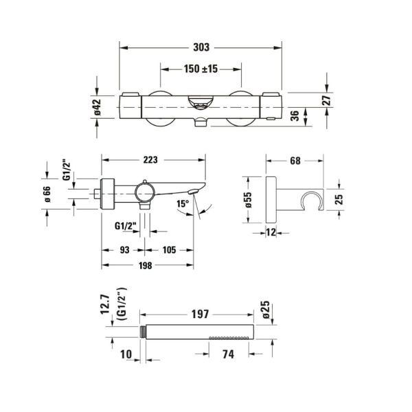 Duravit Wave Aufputz Wannenthermostat-Set inkl. Handbrause, Schlauch & Halter, edelstahl gebürstet