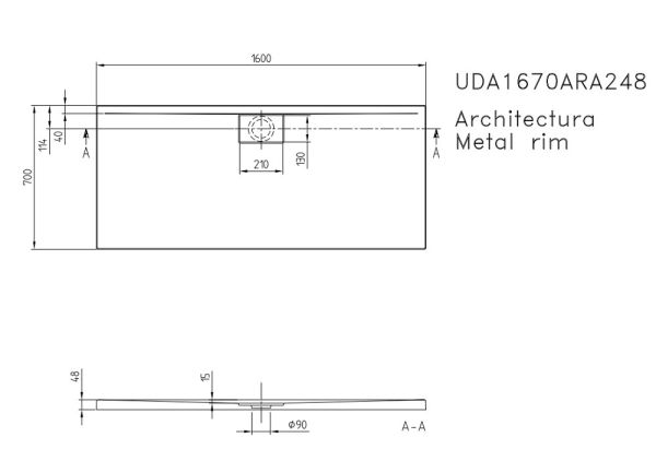 Villeroy&Boch Architectura MetalRim Duschwanne inkl. Antirutsch (VILBOGRIP),160x70cm, weiß, technische Zeichnung