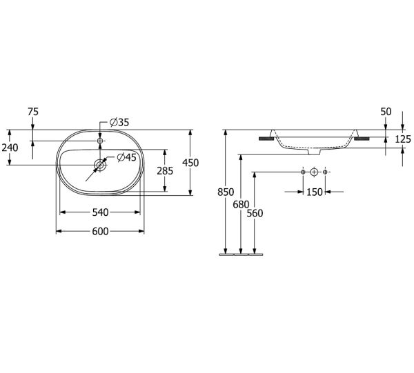 Villeroy&Boch Architectura Einbauwaschtisch, 60x45cm, weiß, 5A666001, technische Beschreibung